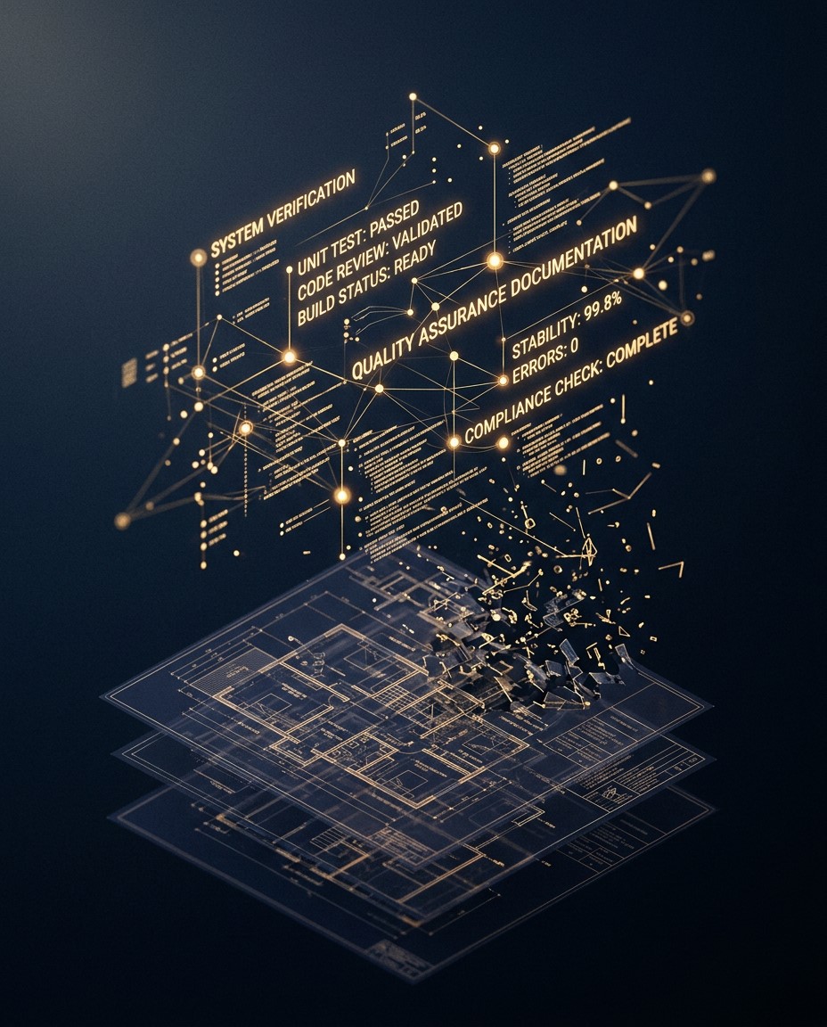 Layered construction documentation dissolving into structured digital data